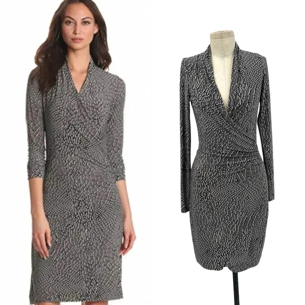 KAMALIKULTURE by Norma Kamali Parched Alligator Grey Faux Wrap Dress Size XS